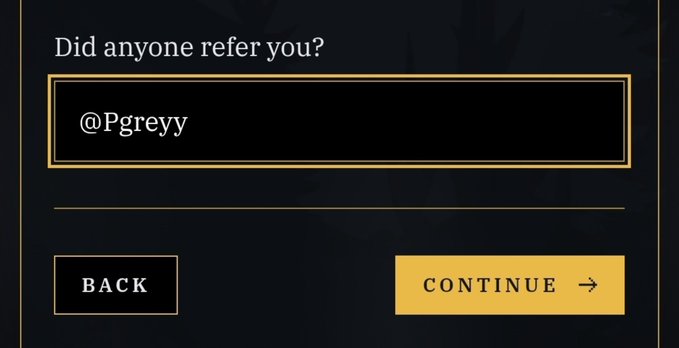 The image shows a referral signup form for "bitfoots" featuring the question "Did anyone refer you?" with the username "@Pgreyy" entered in the box, alongside "BACK" and "CONTINUE" buttons. This corresponds to the post where the user is applying to the Hunter's List and has filled in @Pgreyy (referenced as "pgreyy" in the post) as their referral source.