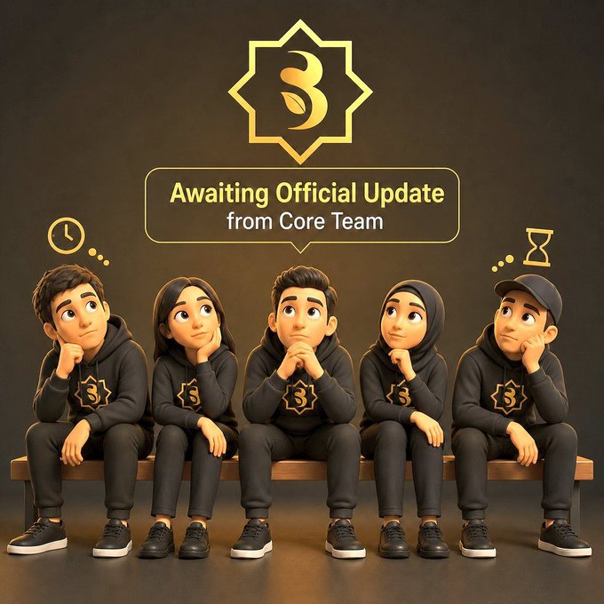 This image visually represents the SidraChain community awaiting an official update from the core team, as indicated by the text "Awaiting Official Update from Core Team" and the icons of a clock and hourglass.