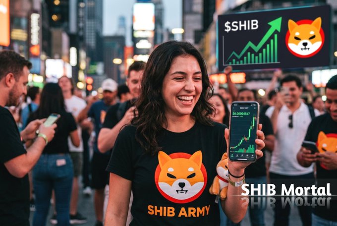A promotional image for 'SHIB Mortal' featuring a smiling woman wearing a 'SHIB ARMY' t-shirt with the Shiba Inu logo, holding up a smartphone displaying a trading chart, in a crowded city setting with a '$SHIB' graphic and green upward arrow.