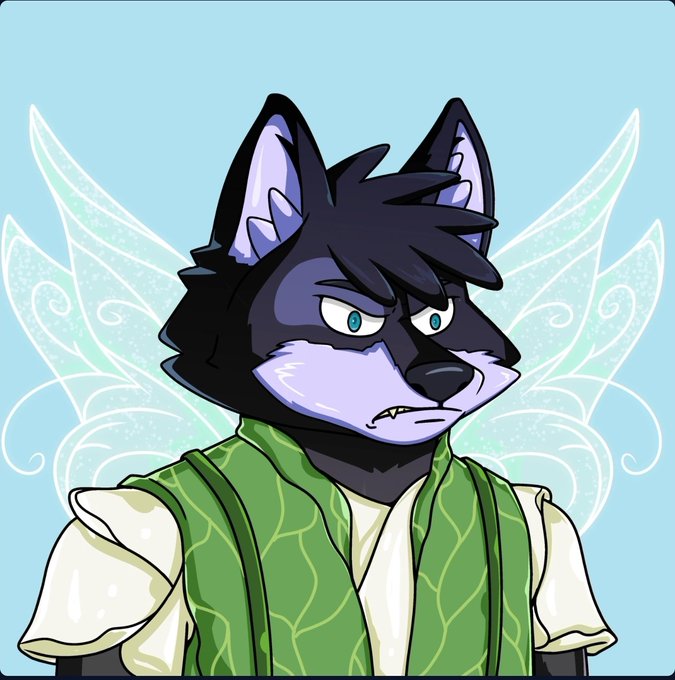 The image features an animated graphic of a wolf wearing a green vest, with wings and a white face. The wolf appears to be looking at the camera with a serious expression. In the background, there are blue wings that add to the overall theme of the image. The caption below the image reads "Checking my @wolfswapwolfies always puts a smile on my face. The backing mechanism is such a stress-reliever in this market." This message seems to be related to the wolf character from the graphic, as it could be an advertisement or promotional material for the character's NFTs.