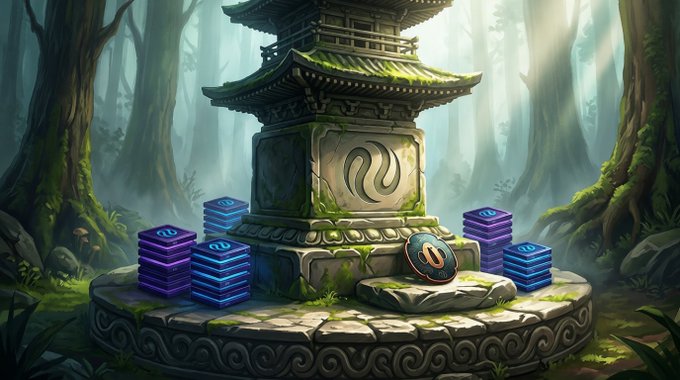 The image features a stone shrine surrounded by stacks of purple cubes, with a large rock slab at its center. A small shield rests atop one of the stacks. The shrine appears to be located within a forest setting, possibly in Japan or another country where the Japanese yen is used as currency. The post about the Japanese yen suggests that this image might be related to an advertisement for a product or service offering yen-related services or products.