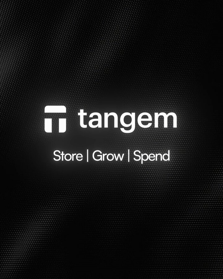 The image features a black background with white text that reads "Tangem Store / Grow Spend" at the top of the screen. Below this, there are two lines of text that read "Self-custodial Visa Card Self-custody, simplified on @Solana". The main focus of the image is the word "Tangem", which stands out against the black background and white text.