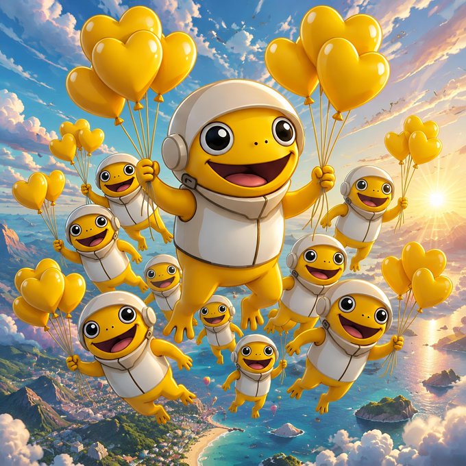 A group of cheerful, yellow cartoon astronauts float through a sunny, cloud-filled sky while holding heart-shaped yellow balloons, radiating joy and good energy—perfectly matching the uplifting message about sunshine and positivity. The image cleverly ties into the $TURBO post by visualizing a buoyant, soaring spirit that mirrors the coin's upbeat, optimistic vibe.