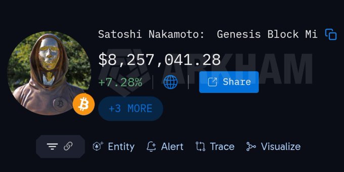 A screenshot showing the Satoshi Nakamoto wallet with a balance of $8,257,041.28 (+7.28%), featuring a profile image of a figure in a Bitcoin-hoodie.