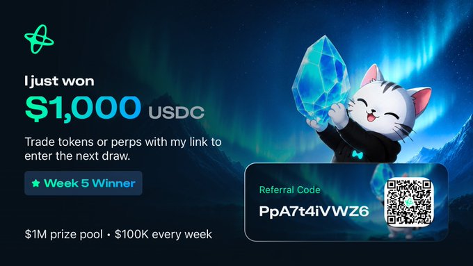 A promotional graphic announcing 'I just won $1,000 USDC' with a referral code 'PpA7t4iVWZ6,' noting '$1M prize pool • $100K every week' and a 'Week 5 Winner' badge, featuring a cartoon cat holding a blue crystal.