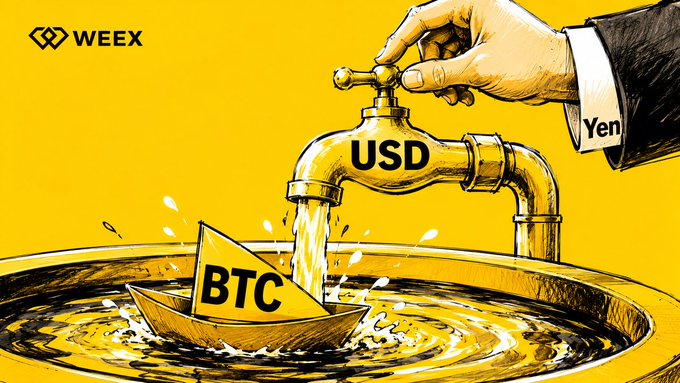 A yellow-toned illustration showing a hand labeled 'Yen' turning a faucet marked 'USD' to pour water into a pool where a paper boat labeled 'BTC' floats, branded with the 'WEEX' logo.