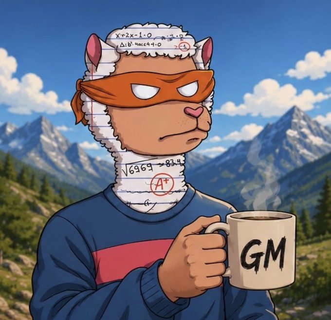 A cartoon llama character wearing a math-paper mask and an orange ninja eye mask stands against a mountain backdrop, holding a coffee mug labeled "GM" while making a serious, focused expression. The image directly ties to the "GM CT" message, presenting a determined, math-themed good morning persona ready to make money.