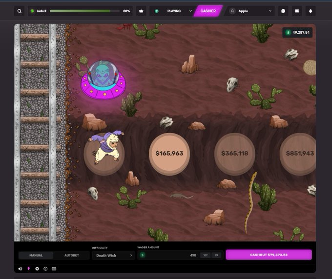 A screenshot of a Pixels Farm Land game showing a character on a desert landscape with mining holes displaying values like $165,963, $365,118, and $851,943, with a cashout button showing $79,373.88.