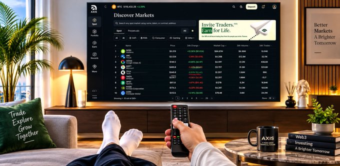 Lifestyle photo showing a person's feet on a couch holding a TV remote, watching a screen displaying a cryptocurrency 'Discover Markets' dashboard with BTC and various tokens, alongside a mug labeled 'AXIS' and decorative pillows.