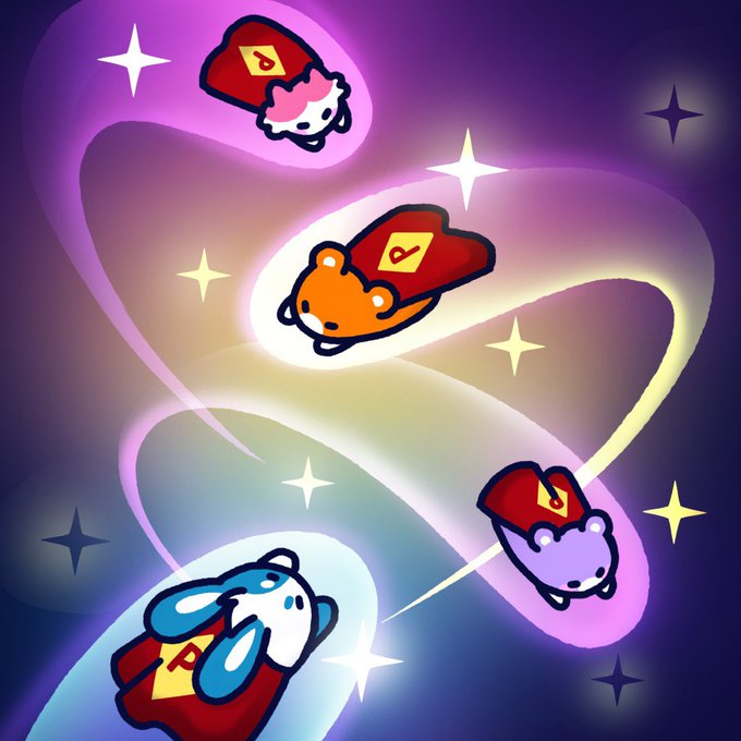 Four cute cartoon animals (cat, hamster, hippo, bunny) wearing red capes flying through a colorful cosmic background with stars and swirling light trails.