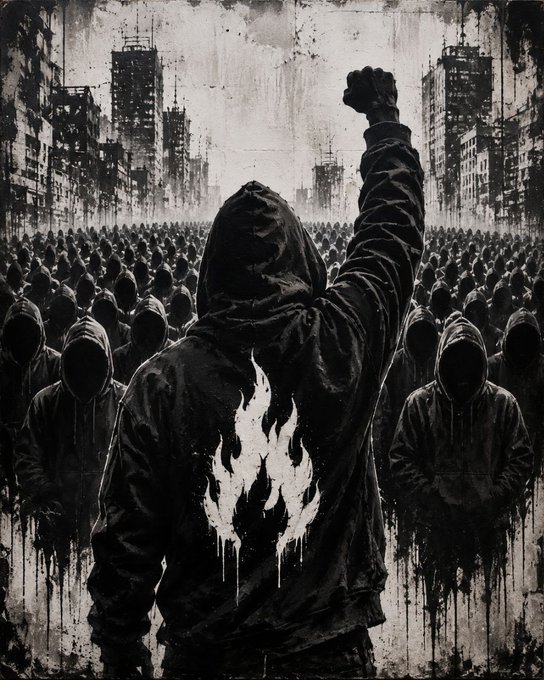 A hooded figure with a raised fist stands before a faceless crowd in a dystopian urban landscape, with a flame emblem emblazoned on their back.

The image visually reinforces the post's theme of collective resistance and solidarity, mirroring the rallying, revolutionary tone of introducing a French-speaking builder community (Ferno) united around decentralized tech like Solana and web3.