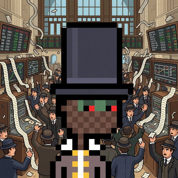 A pixel art character with a green hat featuring red eyes stands in the foreground of a chaotic stock trading floor, with frantic traders and stock ticker boards in the background.