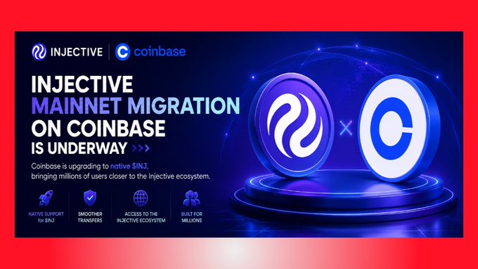 A promotional banner stating 'INJECTIVE MAINNET MIGRATION ON COINBASE IS UNDERWAY' with the Injective and Coinbase logos, noting Coinbase is upgrading to native $INJ.