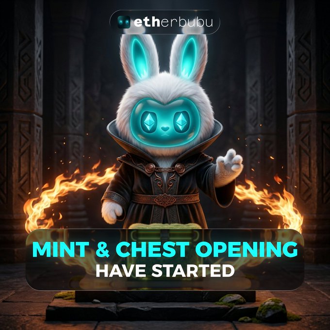A white fluffy bunny character with glowing cyan diamond-shaped eyes, dressed in a dark wizard-like robe, stands before a stone chamber doorway wreathed in flames. Bold text reads "etherbubu" at the top and "MINT & CHEST OPENING HAVE STARTED" at the bottom, promoting the launch of NFT chest minting and opening through OpenSea.