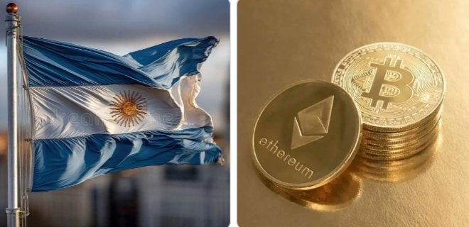 A split image displays the flag of Argentina on the left alongside gold Bitcoin and Ethereum coins on the right.