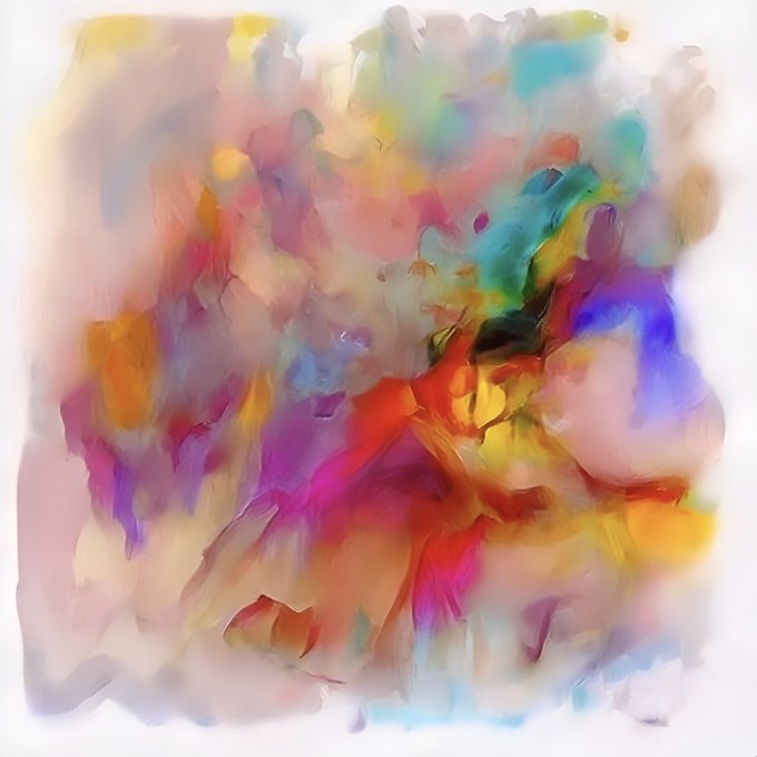 A soft, abstract watercolor painting features a vibrant blend of pink, orange, yellow, blue, and purple hues that loosely form a central, colorful cluster against a white background.