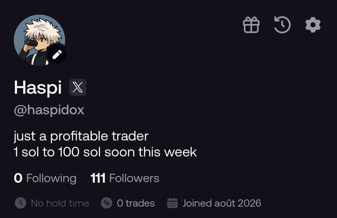 The image shows a Twitter/X profile for "Haspi" (@haspidox) featuring an anime-style avatar of a white-haired character in a hoodie, with a bio claiming "just a profitable trader 1 sol to 100 sol soon this week," 111 followers, 0 trades, and joined August 2026. The profile perfectly aligns with the accompanying post's message, as someone with zero trading history boldy soliciting SOL addresses and quick follow requests is a classic hallmark of a crypto scam or giveaway fraud.