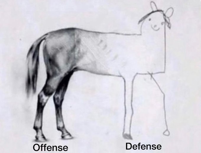 A pencil drawing shows a horse with its front half sketched lightly and labeled "Defense" and its back half heavily shaded and labeled "Offense," humorously illustrating the Detroit Lions' tendency to invest heavily in offensive players while leaving their defensive side weak and underdeveloped.