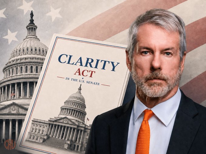 Michael Saylor is pictured alongside a poster reading "CLARITY ACT — IN THE U.S. SENATE," set against a backdrop of the American flag and the U.S. Capitol, visually reinforcing his call for the Senate to pass bipartisan digital-asset legislation.