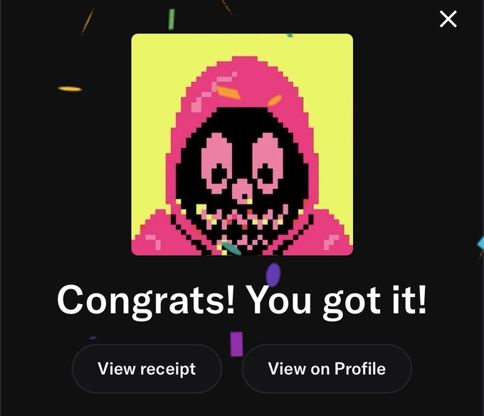 A pixel art image of a skull in a pink hood with the text 'Congrats! You got it!' above 'View receipt' and 'View on Profile' buttons, indicating a successful drop claim.