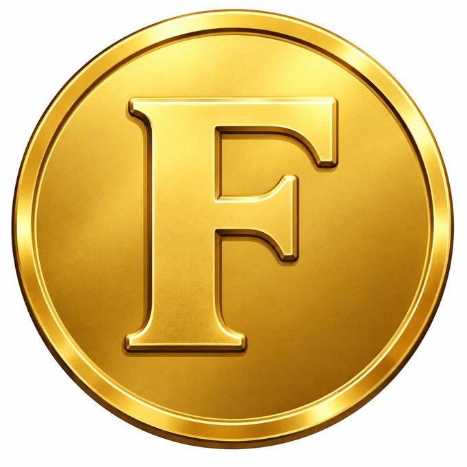 A golden coin featuring a large embossed letter 'F' in the center.