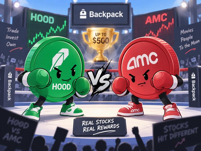 A promotional graphic showing green HOOD coin and red AMC coin as cartoon boxers facing off in a ring, with a Backpack logo and 'UP TO $500' trophy between them.