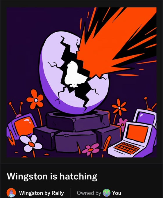 A purple "Wingston" egg violently hatches with an explosive orange burst from its cracked shell, surrounded by retro TVs, laptops, and cartoon flowers on a dark pedestal. The caption "Wingston is hatching" captures the "minting" moment referenced in the post, symbolizing the NFT's launch on Rally with its 0.023 ETH floor and ongoing journey.