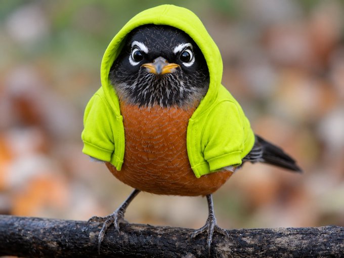 A whimsical photo of an American Robin wearing a tiny, bright green hoodie, perched on a branch.