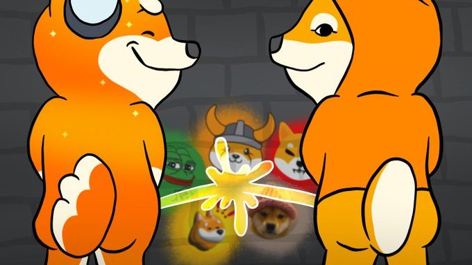 Two orange cartoon bears with white bellies stand on either side of a glowing magical collision featuring characters like a viking dog, cow, tiger, shark, and capybara.