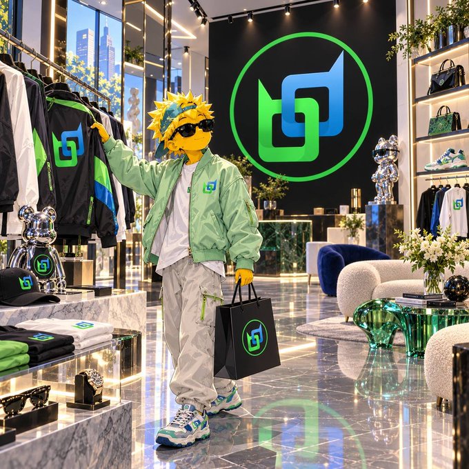 A retail store display featuring a person wearing a Bart Simpson mask, sunglasses, and streetwear browsing merchandise in front of a large glowing blue and green logo.