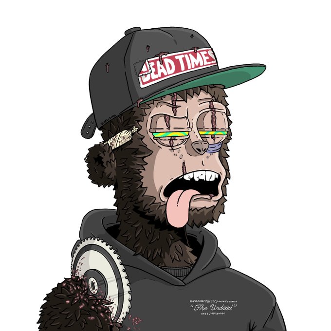 A cartoon-style illustration of a wounded, bearded bear character wearing a 'DEAD TIMES' snapback hat, bloodied glasses with rainbow lenses, a hoodie, and a chainsaw protruding from his shoulder, labeled 'The Ripsaw'.