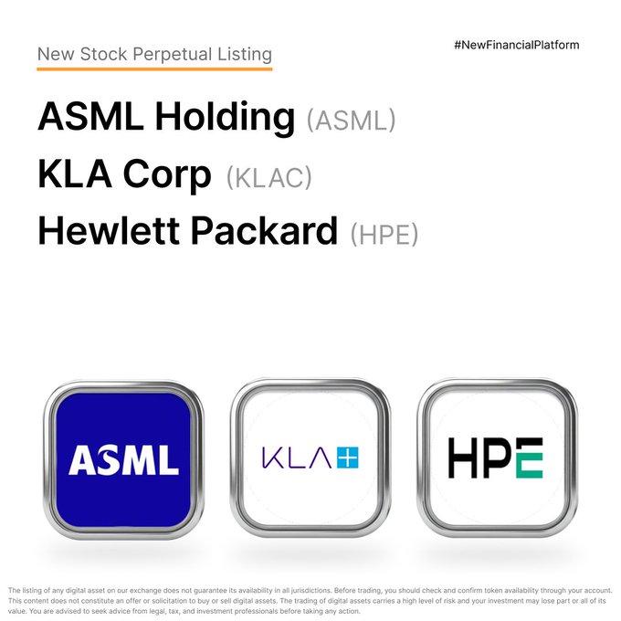The image is a Bybit promotional graphic announcing the new perpetual listings of $ASML, $KLAC, and $PE stocks on their exchange, featuring the company names and corresponding ticker symbols alongside their official logos (ASML, KLA+, HPE).