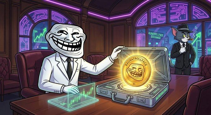 A Trollface character in a suit presents a glowing gold "$AURATROLLFACE" coin inside an open briefcase at a wooden table, while Tom the cat in a pinstripe suit and fedora stands guard in the background, set against neon "Auratrollface Exchange" signage. The cartoon scene visually matches the post's narrative of Tom watching the perimeter while the Trollface slides the briefcase of $AURATROLLFACE tokens toward a major holder, tying into the Solana meme coin promotion.