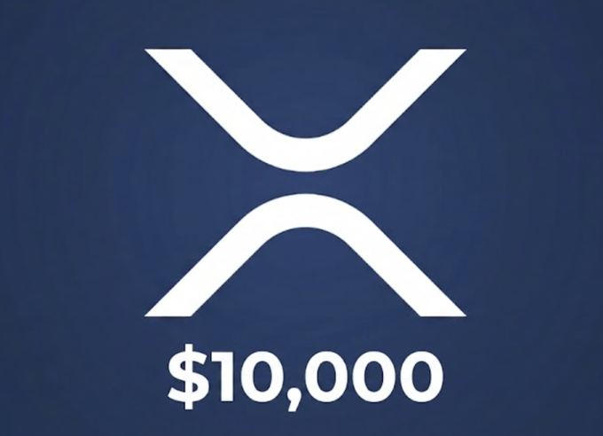 A white XRP cryptocurrency logo is displayed on a dark blue background with the text '$10,000' below it.