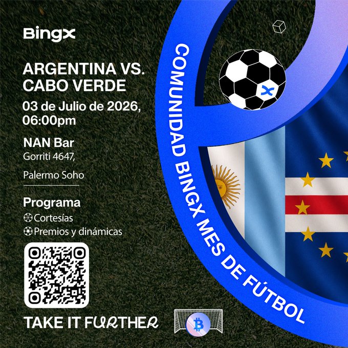 An event flyer for BingX featuring 'ARGENTINA VS. CABO VERDE' on '03 de Julio de 2026, 06:00pm' at 'NAN Bar, Gorriti 4647, Palermo Soho', with a soccer ball, the flags of Argentina and Cape Verde, and a QR code.