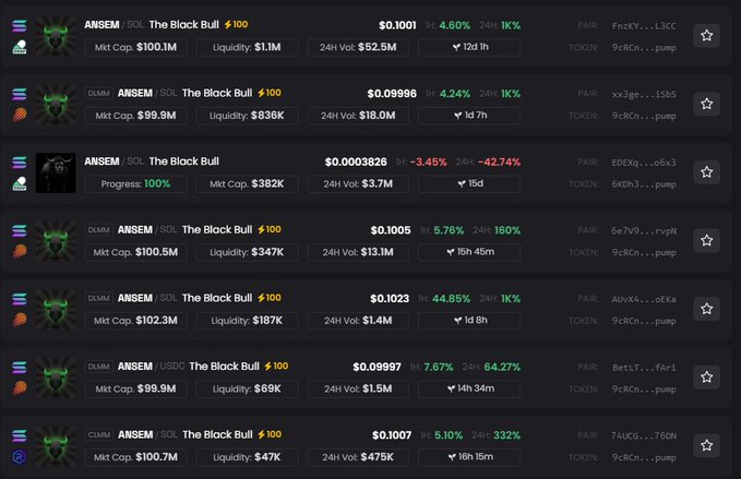 A cryptocurrency trading dashboard showing multiple ANSEM/SOL 'The Black Bull' tokens with various market caps, prices, liquidity, and 24-hour volume statistics.