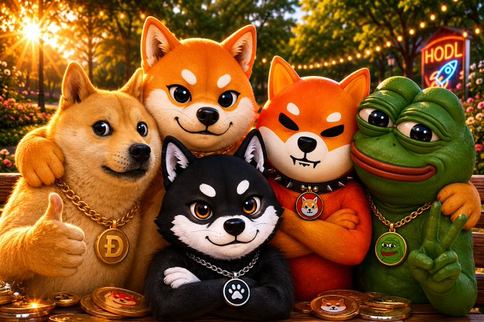 A group of popular meme characters—Dogecoin (D), Shiba Inu, Doge, Kishu, and Pepe—gather together wearing gold chains and peace-sign medallions, symbolizing unity among crypto meme communities. The "HODL" sign and golden coins in the background reinforce the post's message: "Legends don't compete, they unite. Save the Memes."