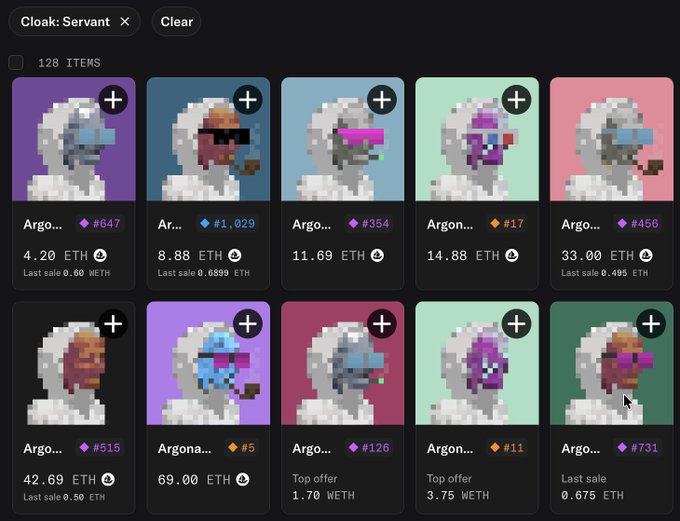 An NFT marketplace interface displaying pixel-art cloaked character avatars priced in ETH from a 'Cloak: Servant' collection.