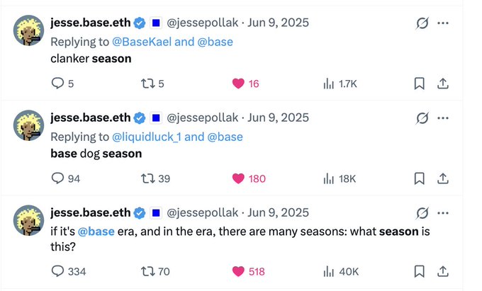 The image shows three Twitter posts about a person named Jesse Base. Each post has a different color background - white, pink, and green. The first post is from Jesse Base's account and reads, "I predict the real summer of @base will arrive in Q4 of this year A few months later, $BASE will officially launch $BASE airdrop which will only be for those who are different". The second post has a white background with a pink heart and reads, "If it's #Base era, there are many seasons: what season is this?". The third post has a green background with a pink heart and reads, "I predict the real summer of @base will arrive in Q4 of this year A few months later, $BASE will officially launch $BASE airdrop which will only be for those who are different".
