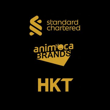 The image displays the logos of three companies—Standard Chartered, Animoca Brands, and HKT—rendered in gold against a black background, representing the partners behind the launch of Hong Kong's first regulated HKD stablecoin for institutional users.