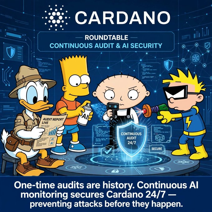 A promotional graphic for Cardano titled 'ROUNDTABLE — Continuous Audit & AI Security' featuring cartoon characters including Bart Simpson, Donald Duck, and Stewie Griffin examining an audit report, with text stating 'One-time audits are history. Continuous AI monitoring secures Cardano 24/7 — preventing attacks before they happen.'