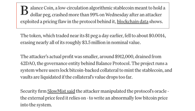 A news excerpt reports that Balance Coin ($BLC), a low-circulation algorithmic stablecoin, crashed over 99% to around $0.0014 after an attacker exploited an oracle pricing flaw, draining roughly $912,000 from the protocol's governance entity 42DAO, with analysis from SlowMist confirming the exploit involved feeding the protocol an abnormally low Bitcoin price.