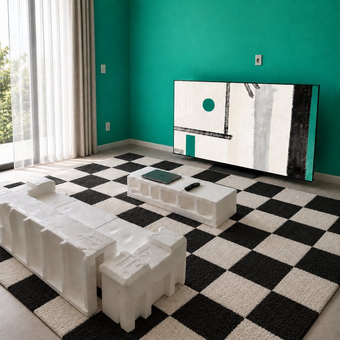 A modern living room with a vibrant teal accent wall, a black and white checkered rug, white sofa and coffee table made of translucent blocks, and a large abstract painting featuring teal accents.