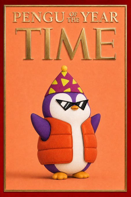 A 3D-rendered penguin wearing sunglasses, a party hat, and a red puffer vest stands below the golden text 'PENGU OF THE YEAR TIME'.