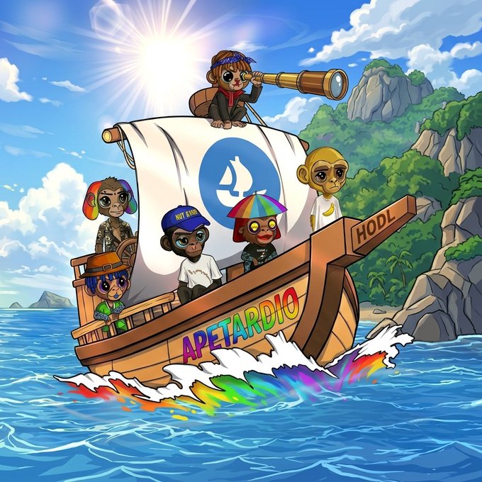 The image depicts a cartoon boat with six monkeys, including two young boys and four young men, riding it across blue ocean waves and navigating through a colorful rainbow tunnel in the middle of an ocean. The scene appears to be inspired by anime or a similar genre, with the characters appearing to have anthropomorphic characteristics such as facial expressions and unique hairstyles.