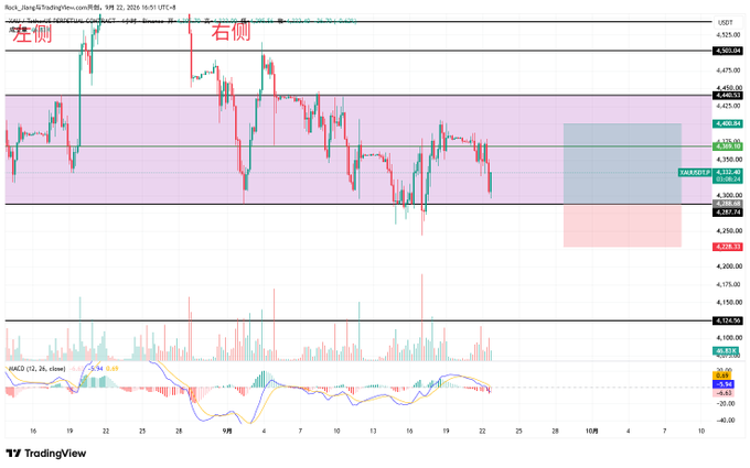 A TradingView financial chart showing XAU/USD gold price analysis with Chinese annotations "左侧" and "右侧" (left and right sides), including MACD indicator and various price levels.