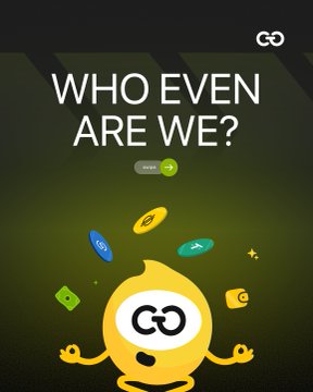 A promotional graphic for GOG asking 'WHO EVEN ARE WE?' with a yellow meditating character surrounded by floating game-related icons against a dark olive-green background.