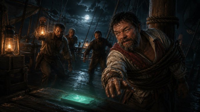 A dramatic scene depicts rugged pirates on a ship's deck at night under a full moon, with one tied-up man in the foreground reaching toward a glowing green rectangular object.