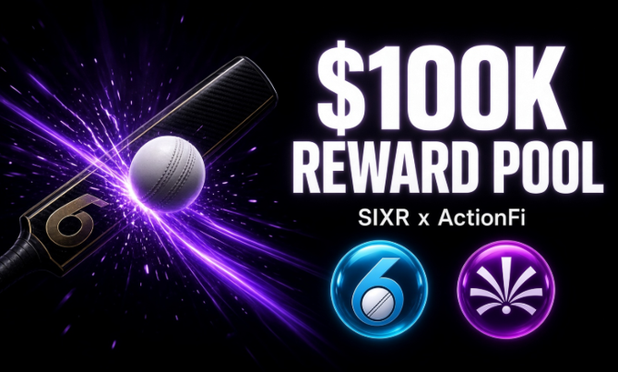 A promotional graphic for a '$100K REWARD POOL' partnership between SIXR and ActionFi, featuring a glowing cricket bat and ball.