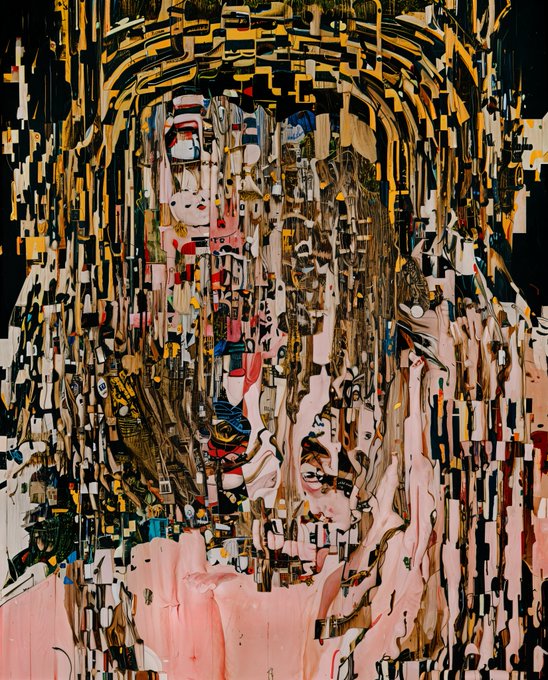 An abstract painting features a face-like figure constructed from fragmented pixels and brushstrokes in pink, brown, and gold tones against a black background.
